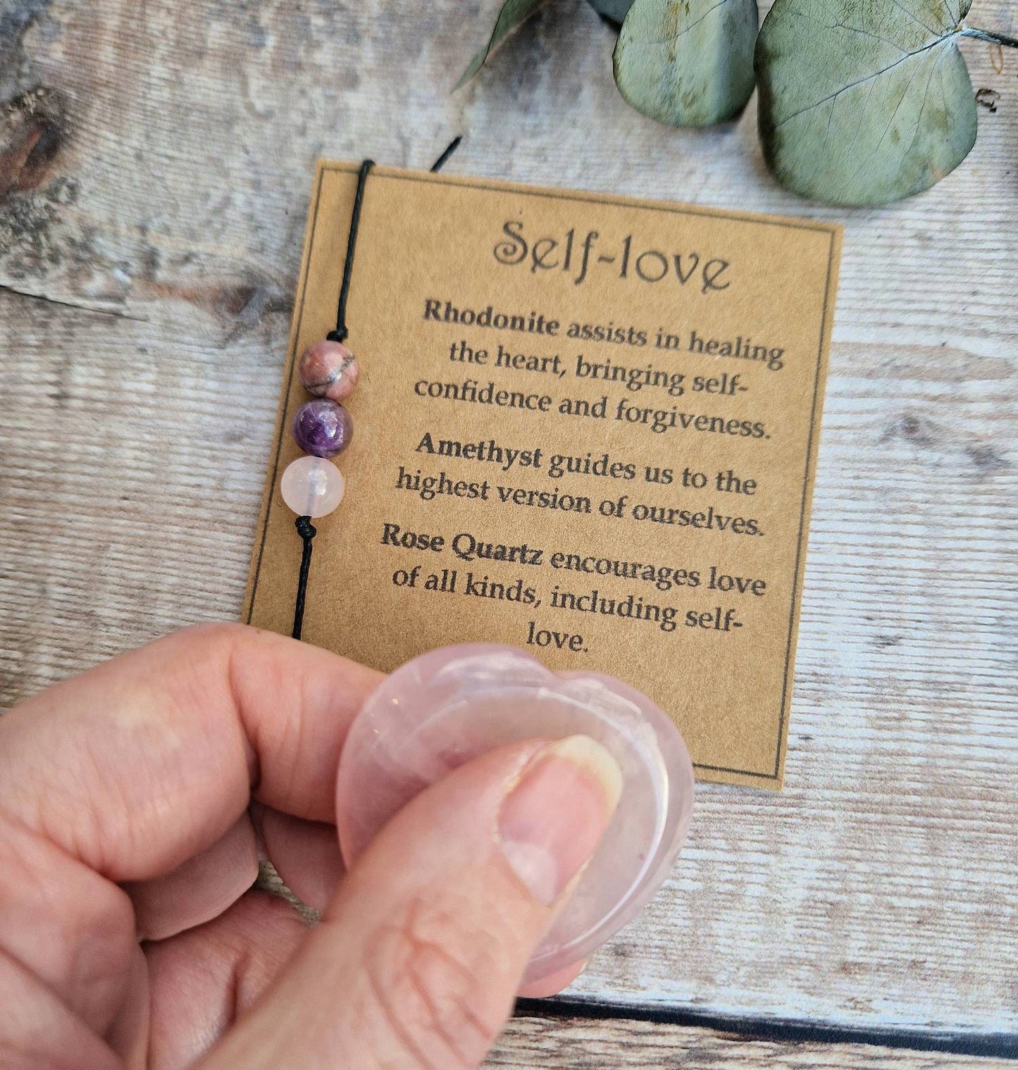 SELF-LOVE crystal cord, silver or gold chain bracelet and thumbstone set