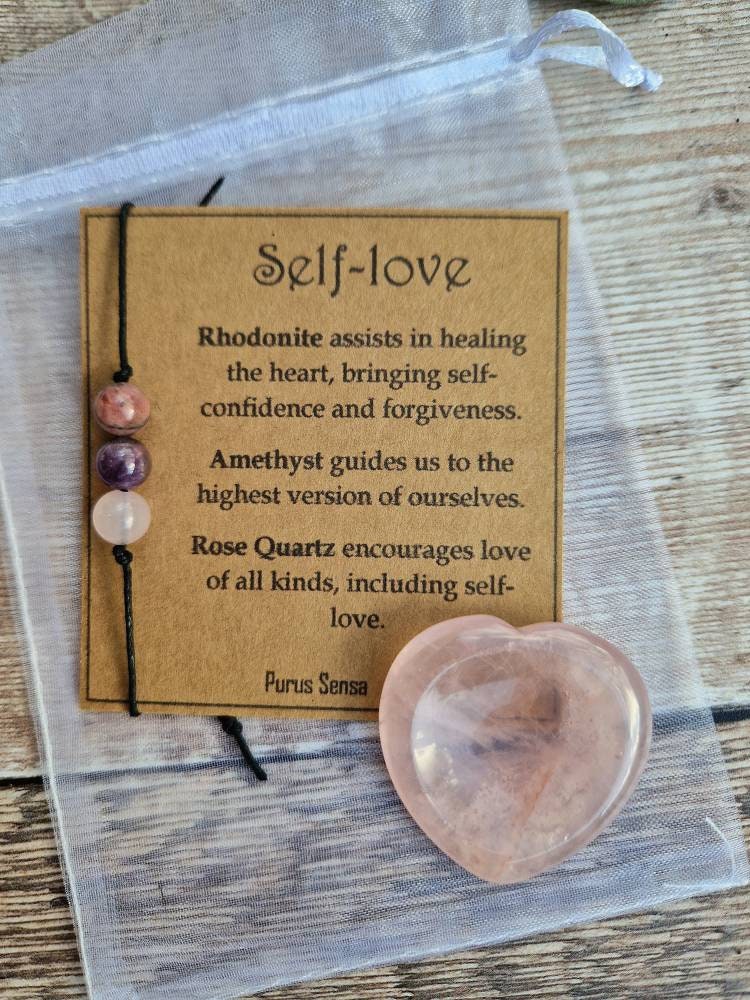 SELF-LOVE crystal cord, silver or gold chain bracelet and thumbstone set