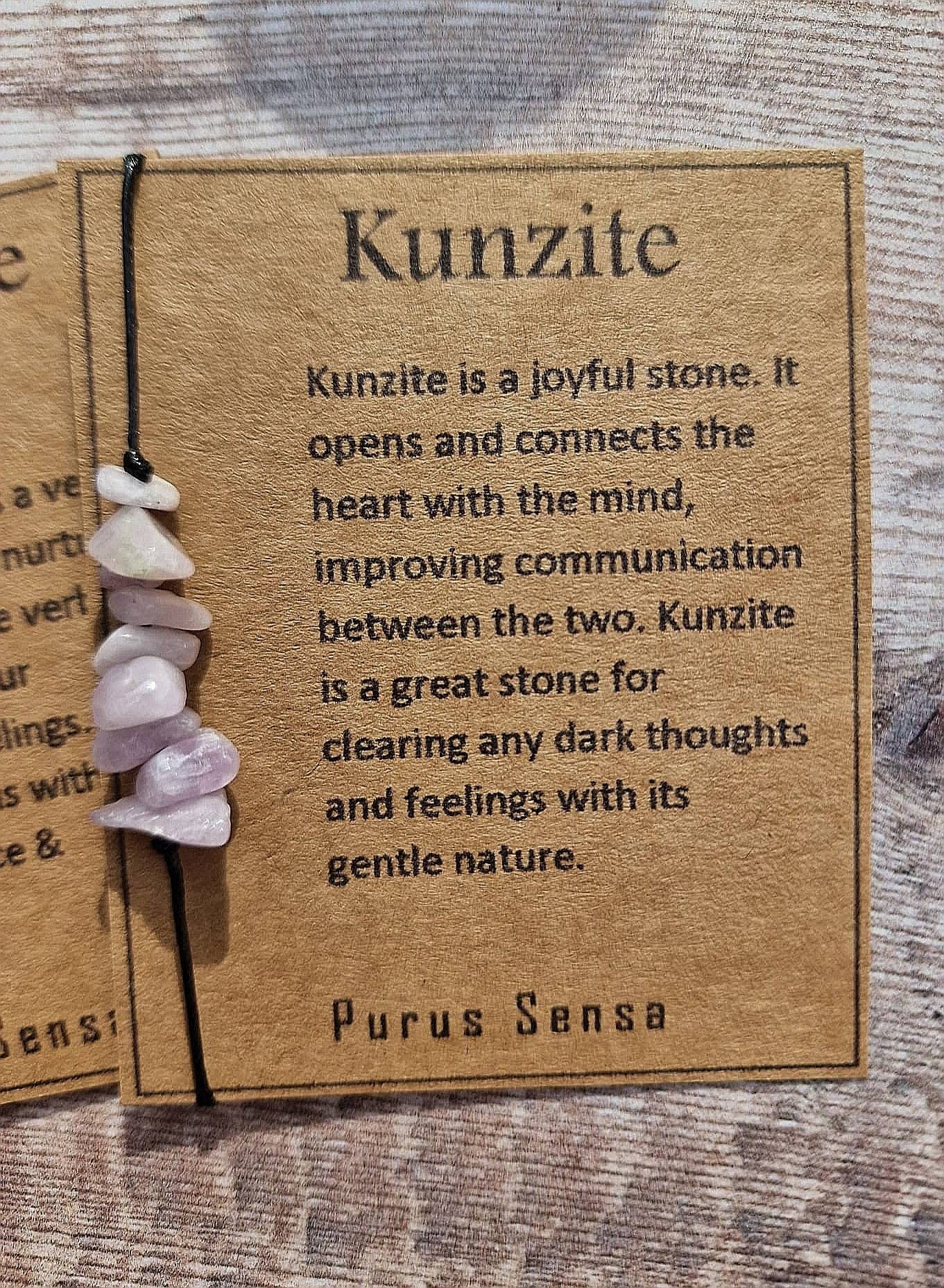 Crystal chip gemstone anklet on Descriptive Card. Kunzite, Morganite, Aquamarine, Larimar, Blue lace agate