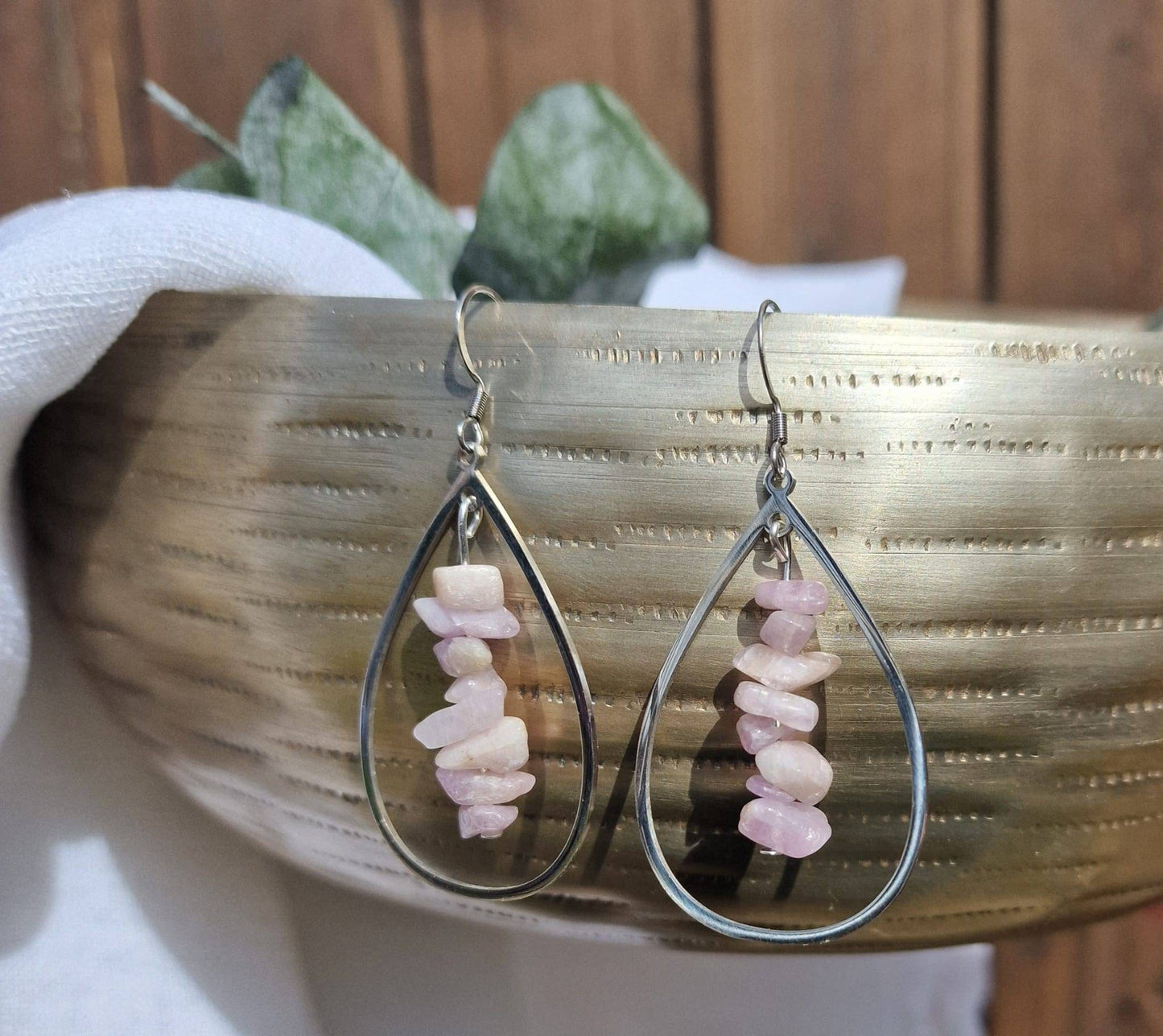 Crystal chip dangle earrings. Larimar, kunzite, blue lace agate, Moonstone