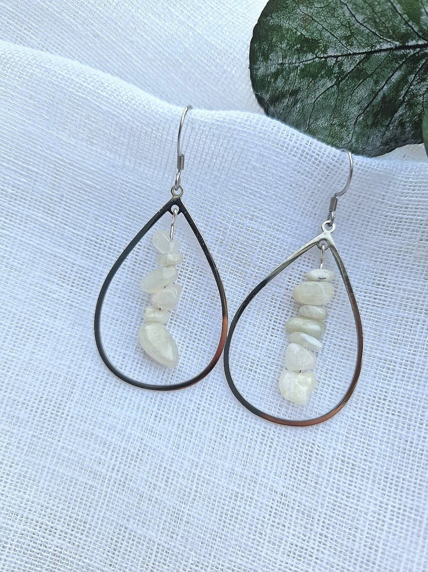 Crystal chip dangle earrings. Larimar, kunzite, blue lace agate, Moonstone