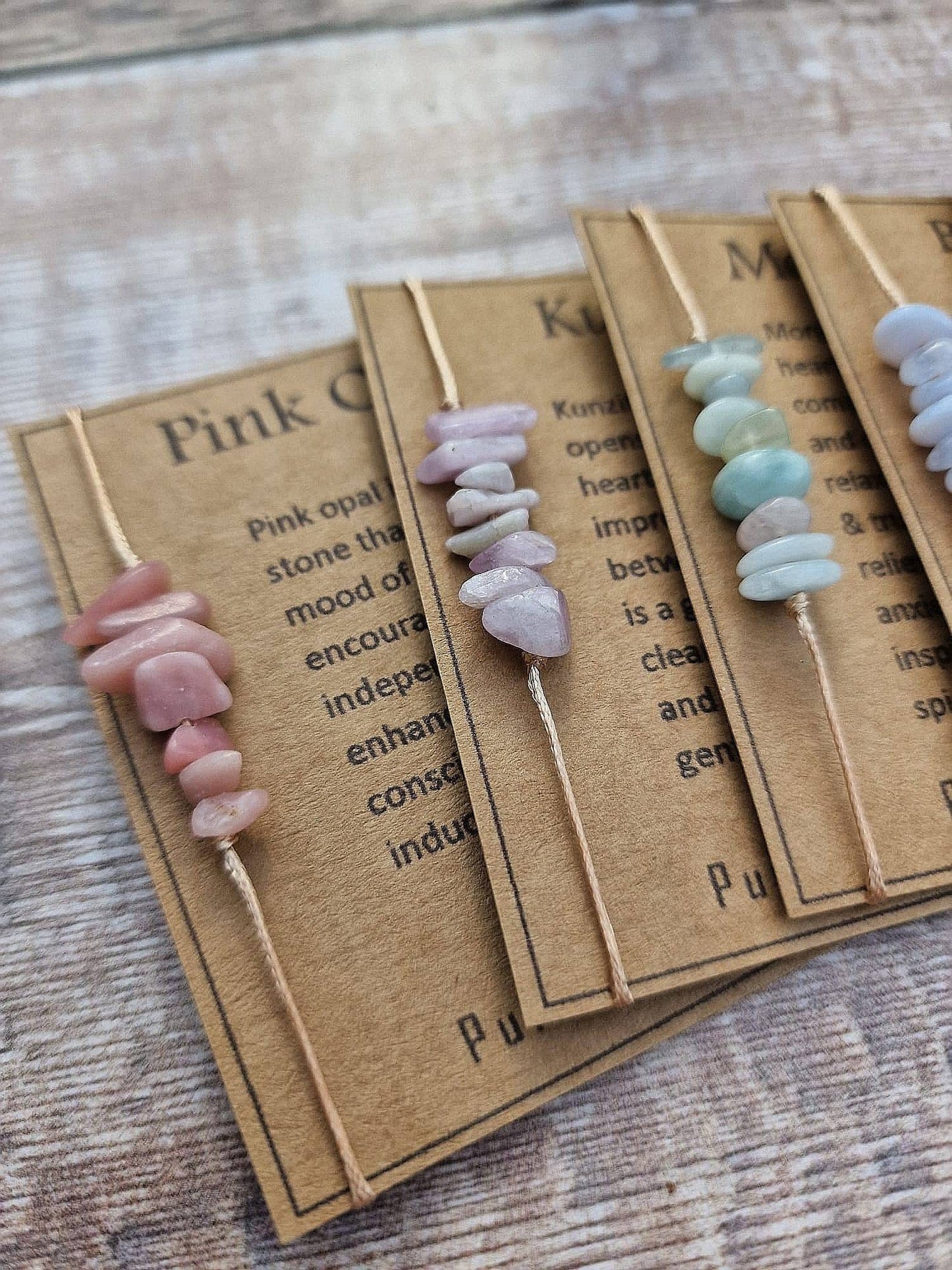 Crystal chip gemstone anklet on Descriptive Card. Kunzite, Morganite, Aquamarine, Larimar, Blue lace agate
