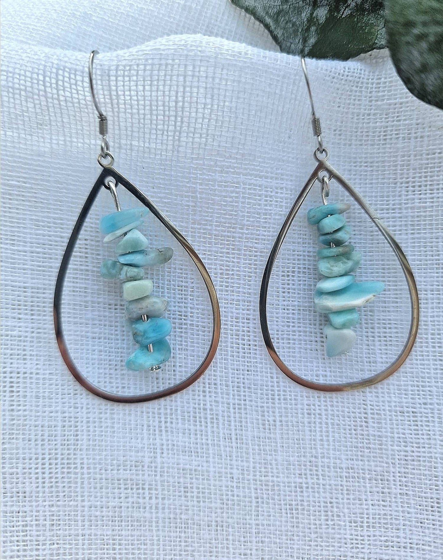 Crystal chip dangle earrings. Larimar, kunzite, blue lace agate, Moonstone
