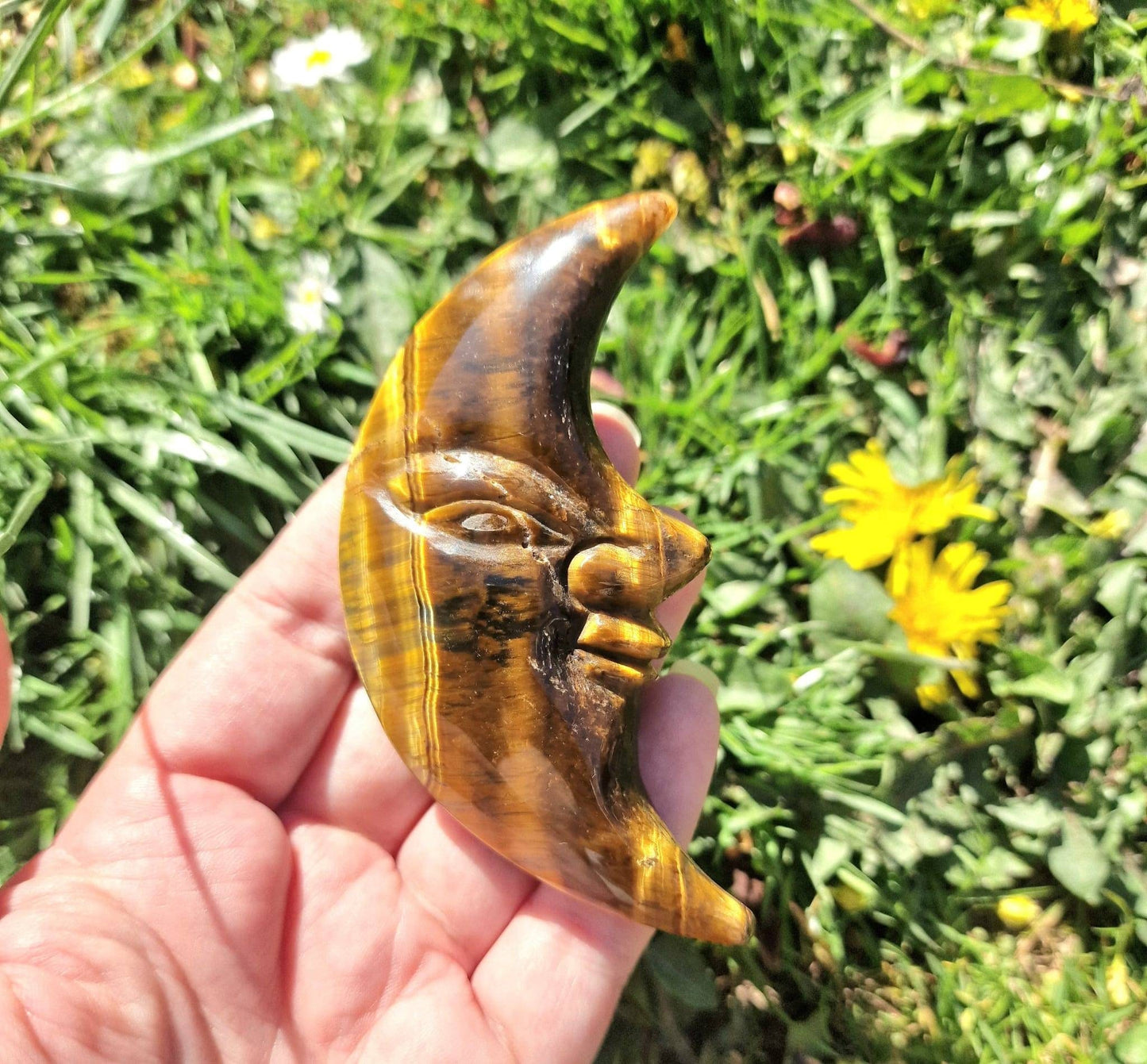 Large tiger eye half moon face carving