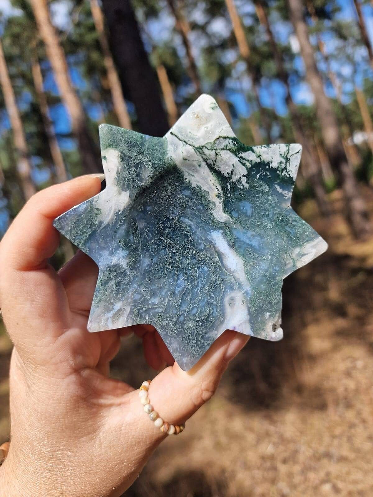 Large Octogram 8 point star Moss agate bowl.