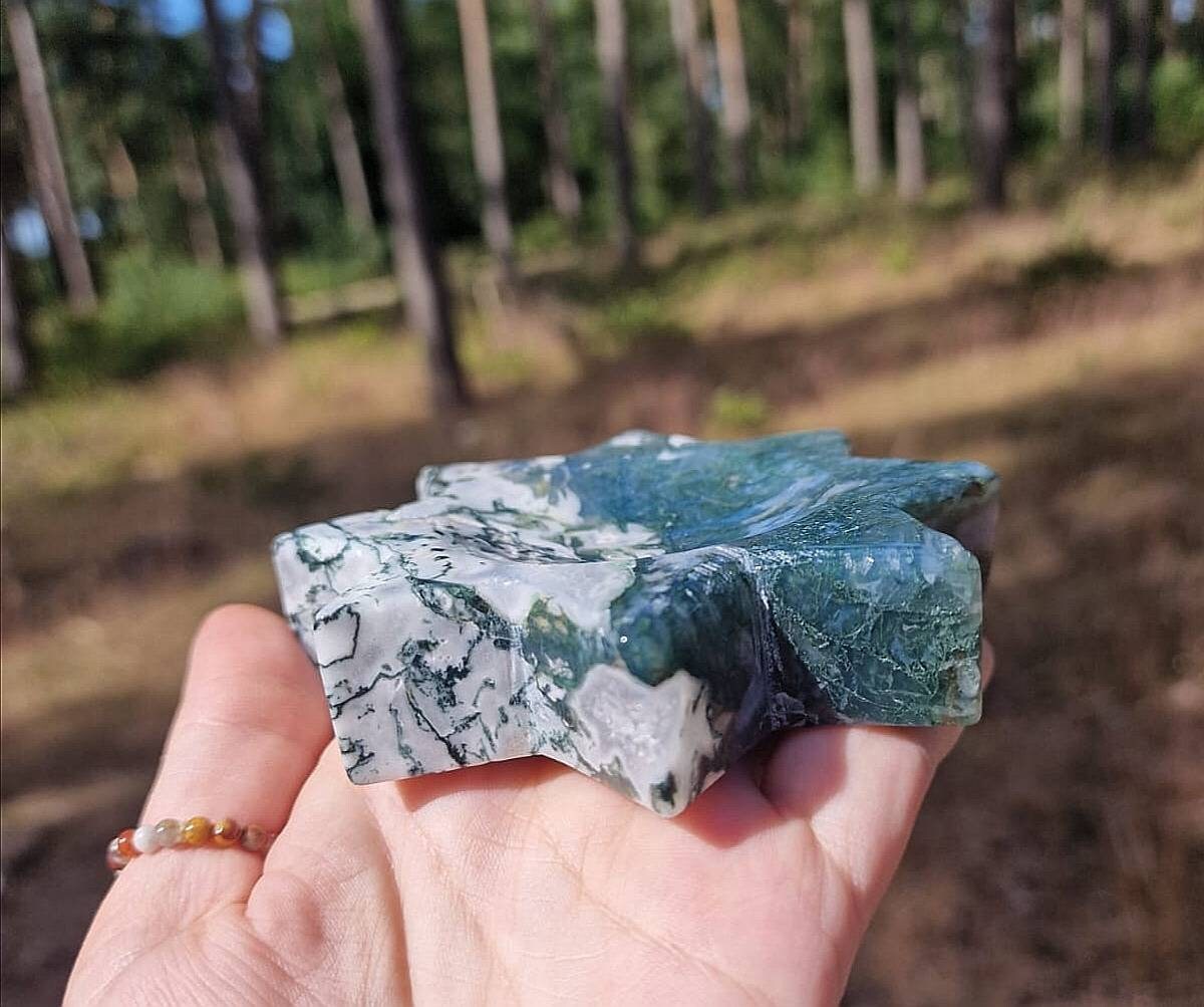 Large Octogram 8 point star Moss agate bowl.