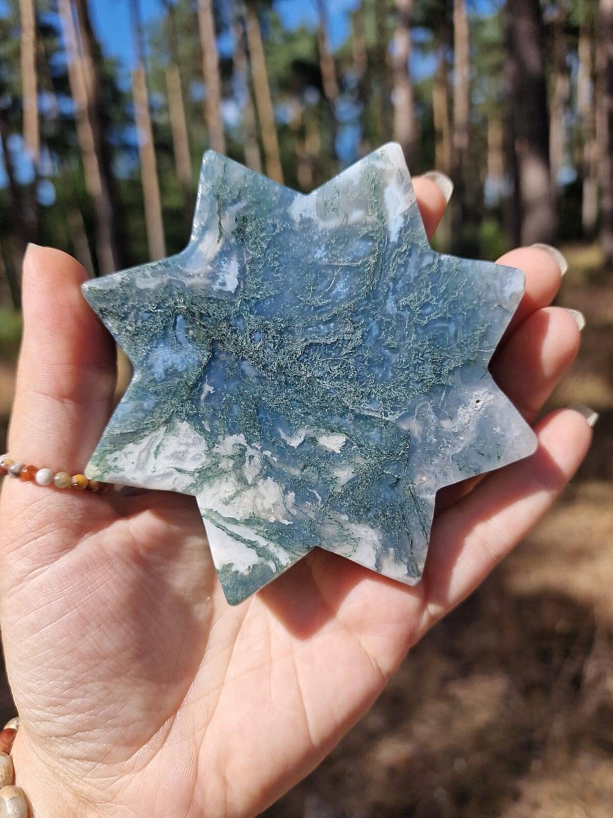 Large Octogram 8 point star Moss agate bowl.