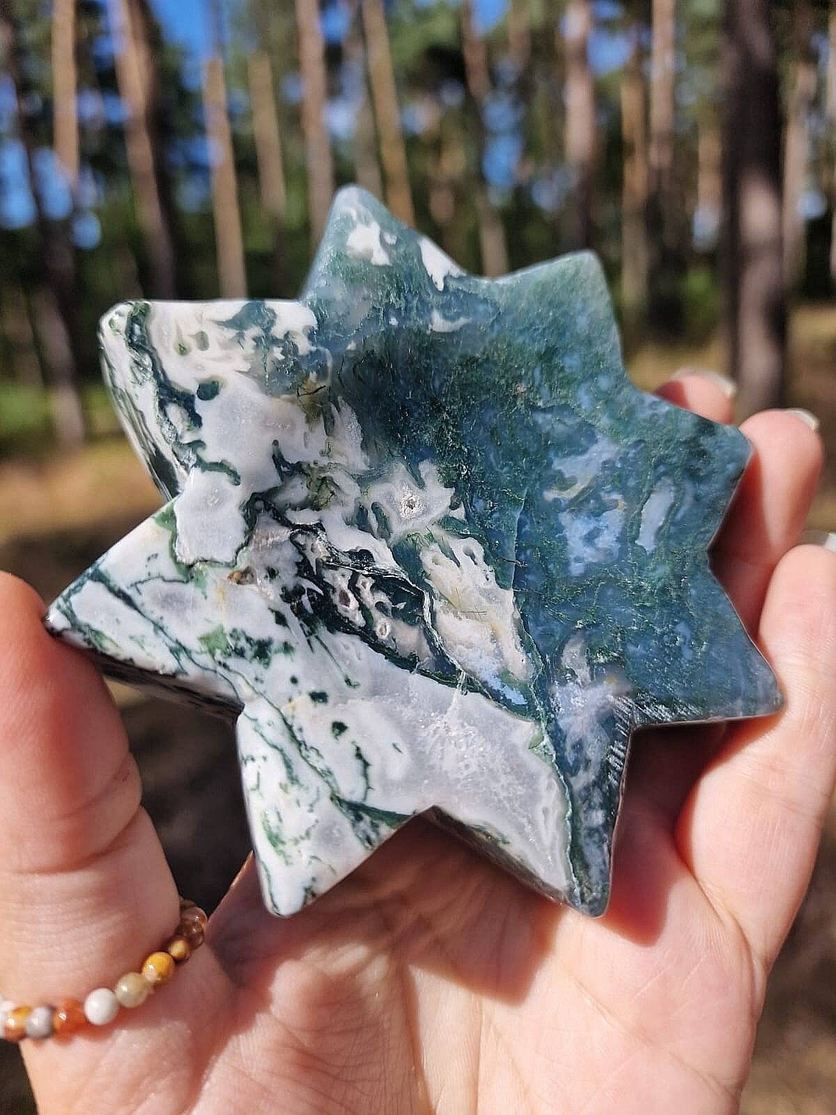 Large Octogram 8 point star Moss agate bowl.