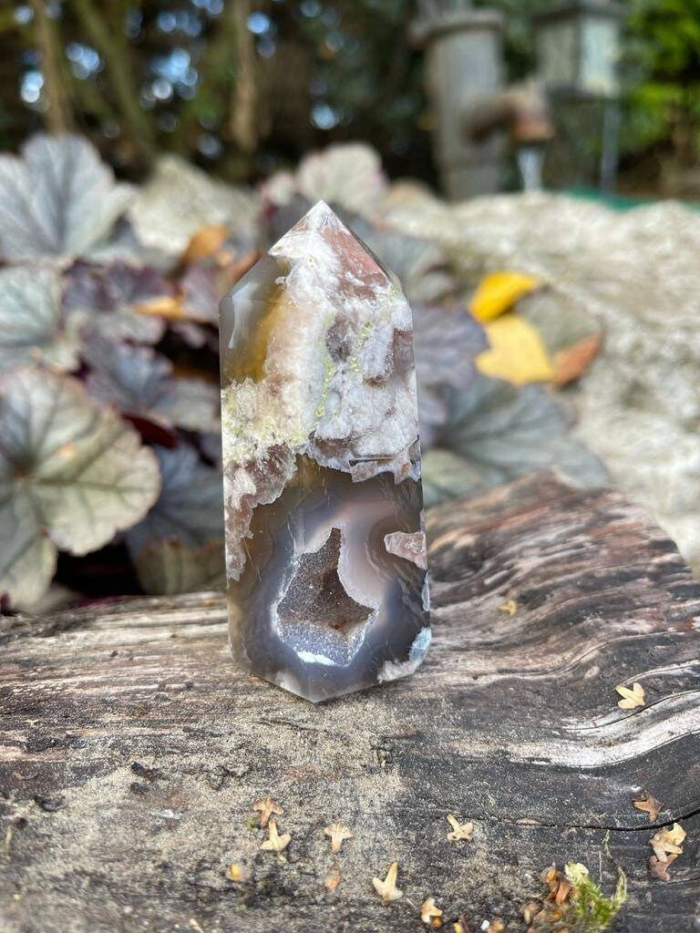 Premium quality AAA grade Black flower agate tower with druzy. 144g 85mm