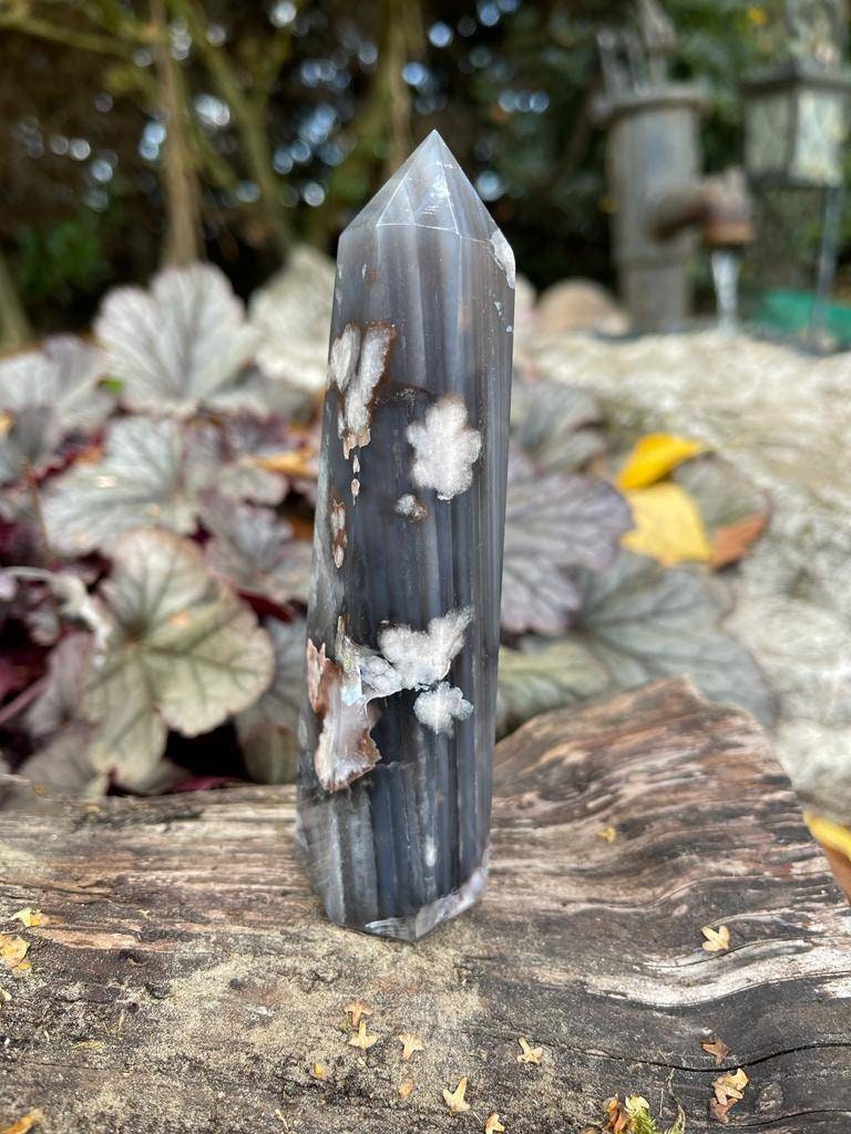 AAA grade premium quality genuine Black flower agate tower from Madagascar. 190g 125mm