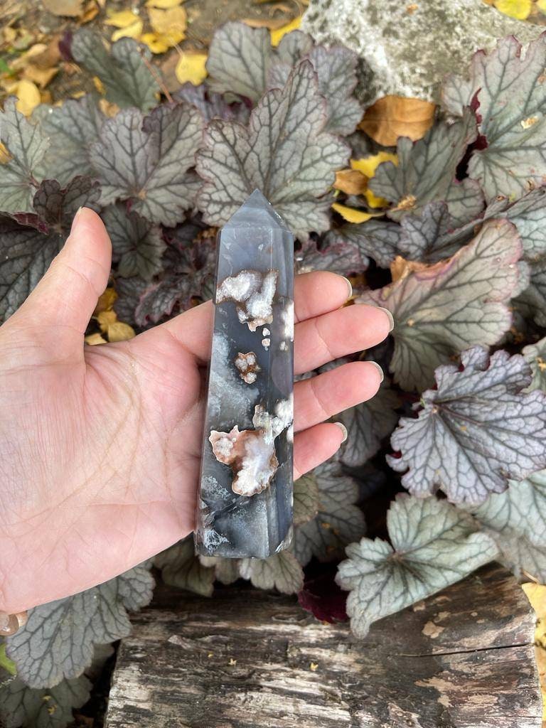 AAA grade premium quality genuine Black flower agate tower from Madagascar. 190g 125mm