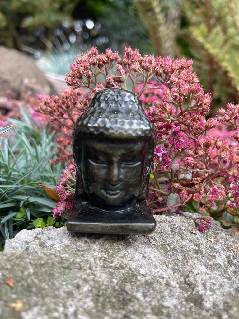 Gold sheen obsidian buddha head carving 115g