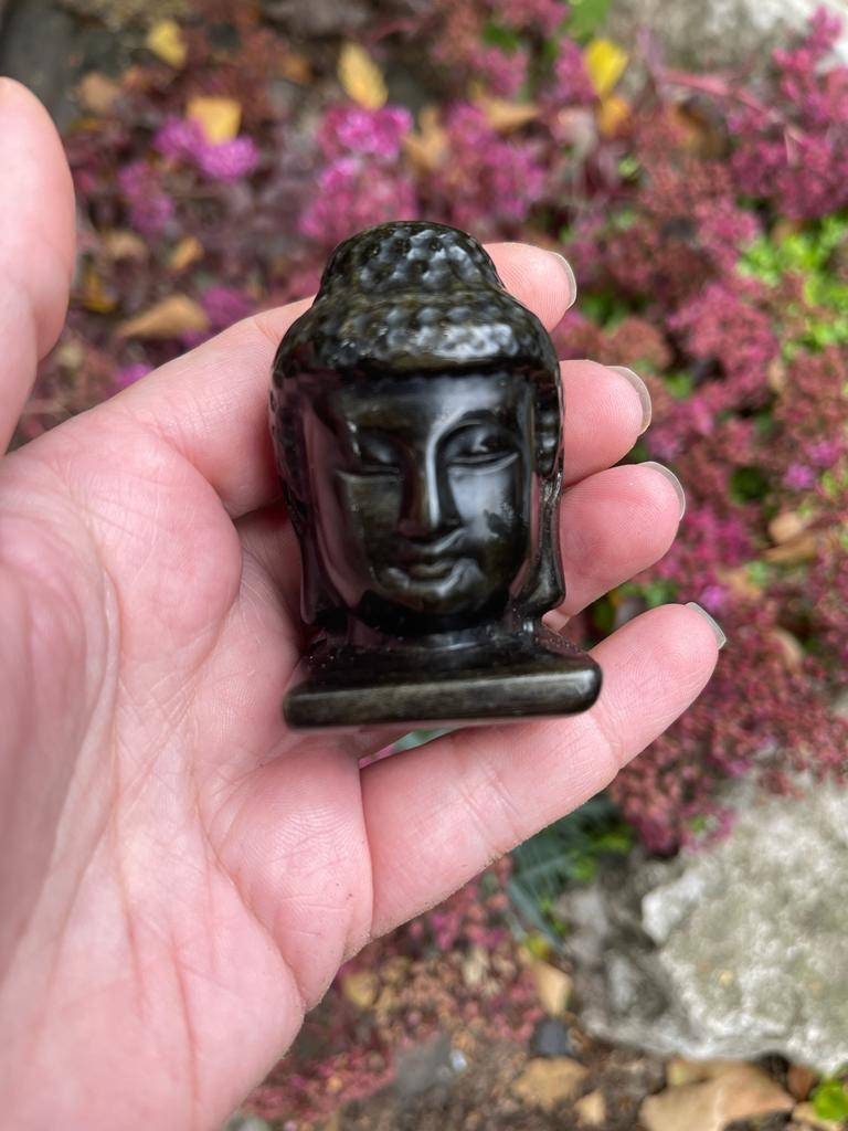 Gold sheen obsidian buddha head carving 115g