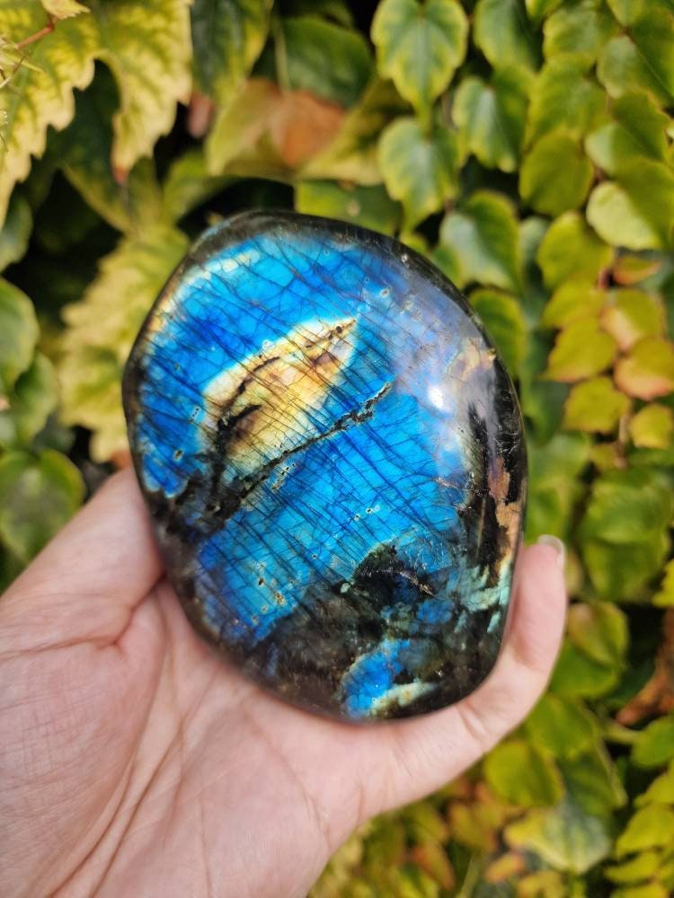 Beautiful blue green and yellow flash labradorite freeform 452g. Large statement Labradorite free form.