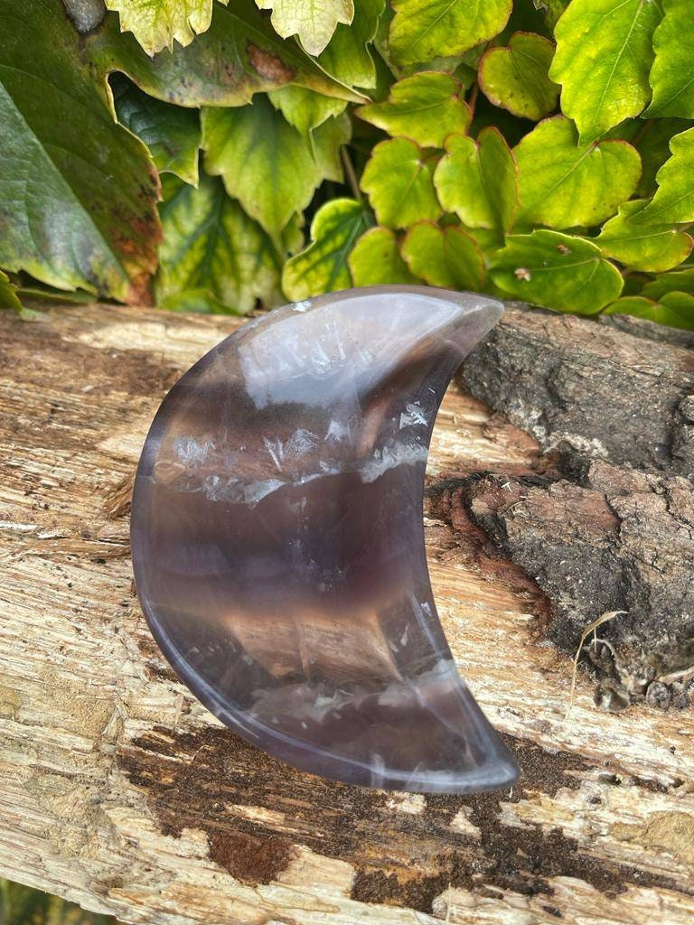 Beautiful purple fluorite moon bowl carving. 105mm long