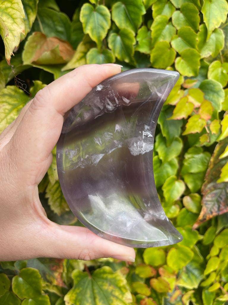 Beautiful purple fluorite moon bowl carving. 105mm long