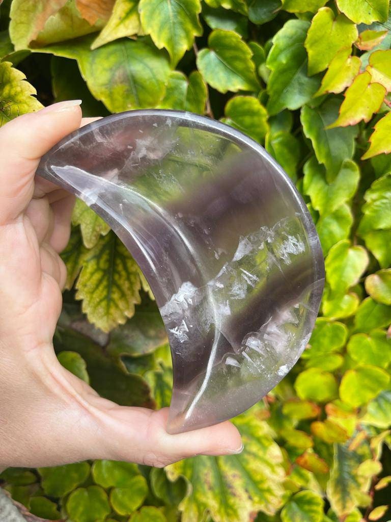 Beautiful purple fluorite moon bowl carving. 105mm long
