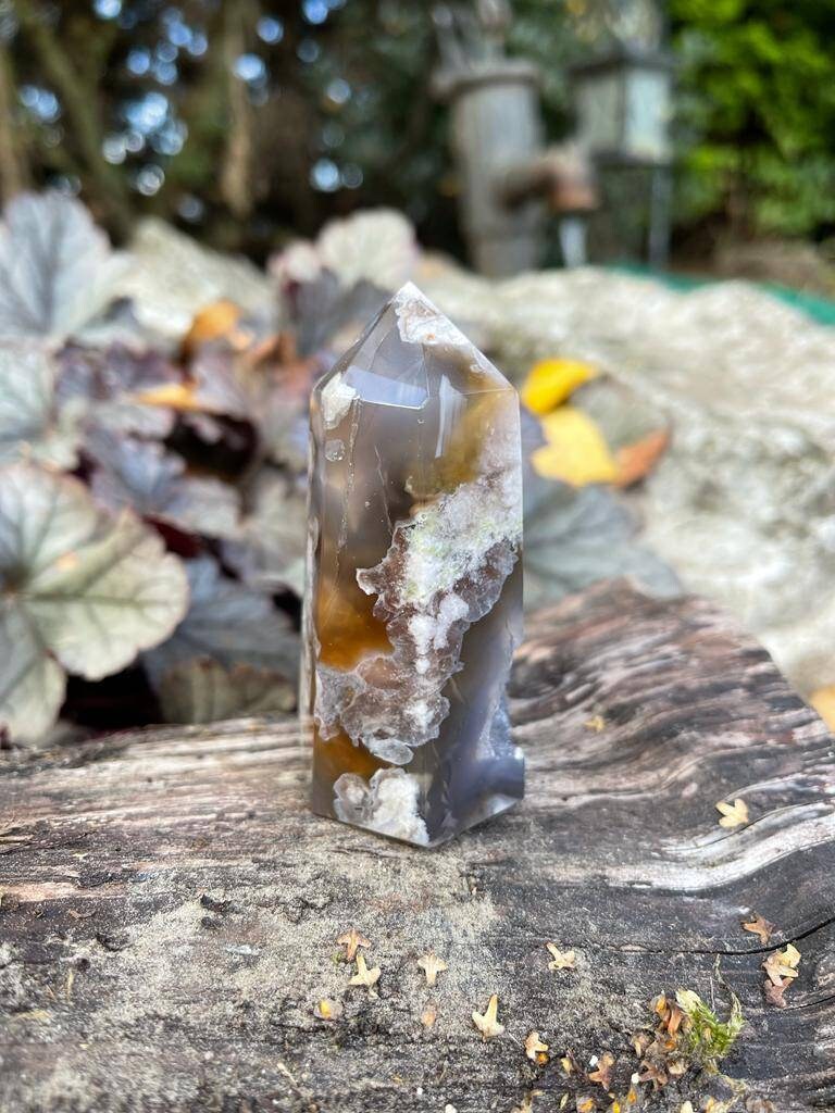Premium quality AAA grade Black flower agate tower with druzy. 144g 85mm