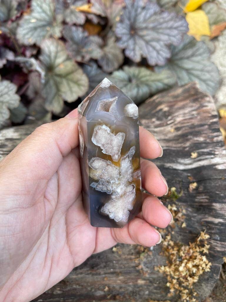 Premium quality AAA grade Black flower agate tower with druzy. 144g 85mm