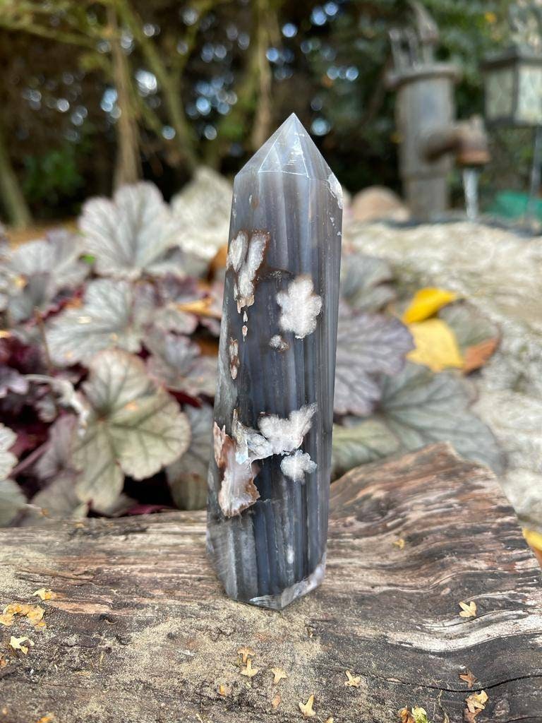 AAA grade premium quality genuine Black flower agate tower from Madagascar. 190g 125mm