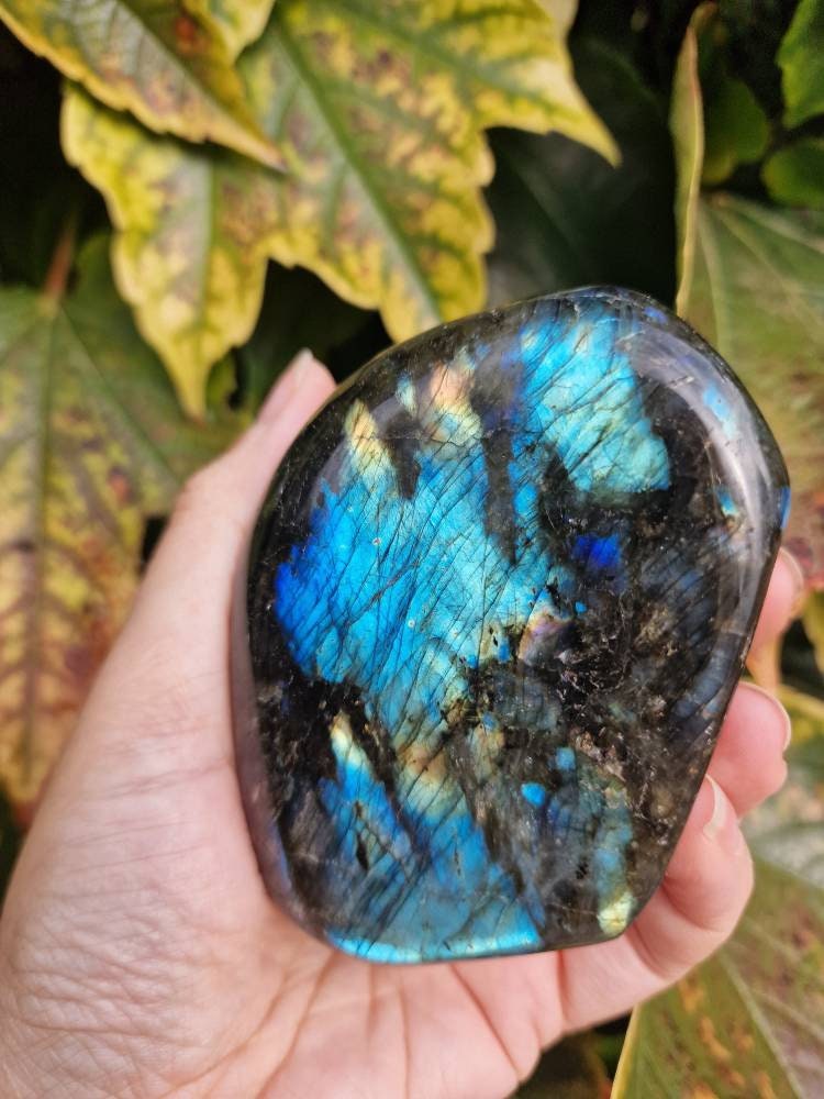 Beautiful blue green and yellow flash labradorite freeform 452g. Large statement Labradorite free form.