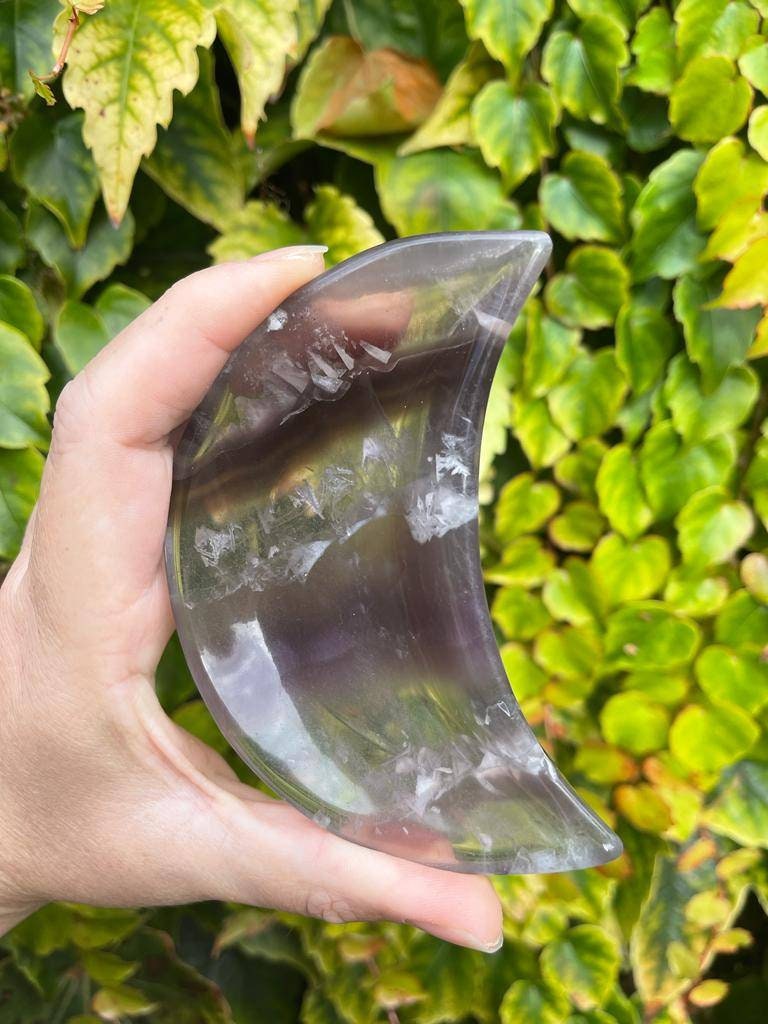 Beautiful purple fluorite moon bowl carving. 105mm long