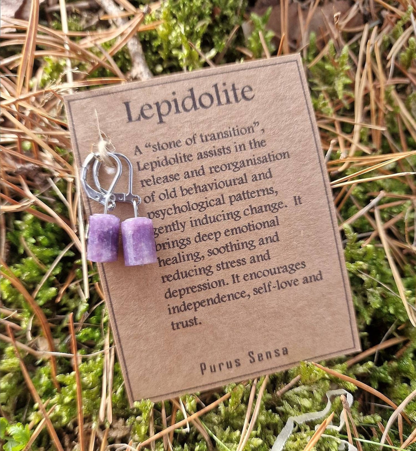 Beautiful Surgical steel Lepidolite huggie hoop earrings on a descriptive card