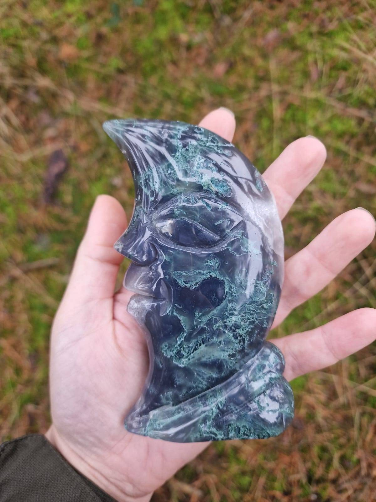 Beautiful dark blue moss agate standing half moon carving