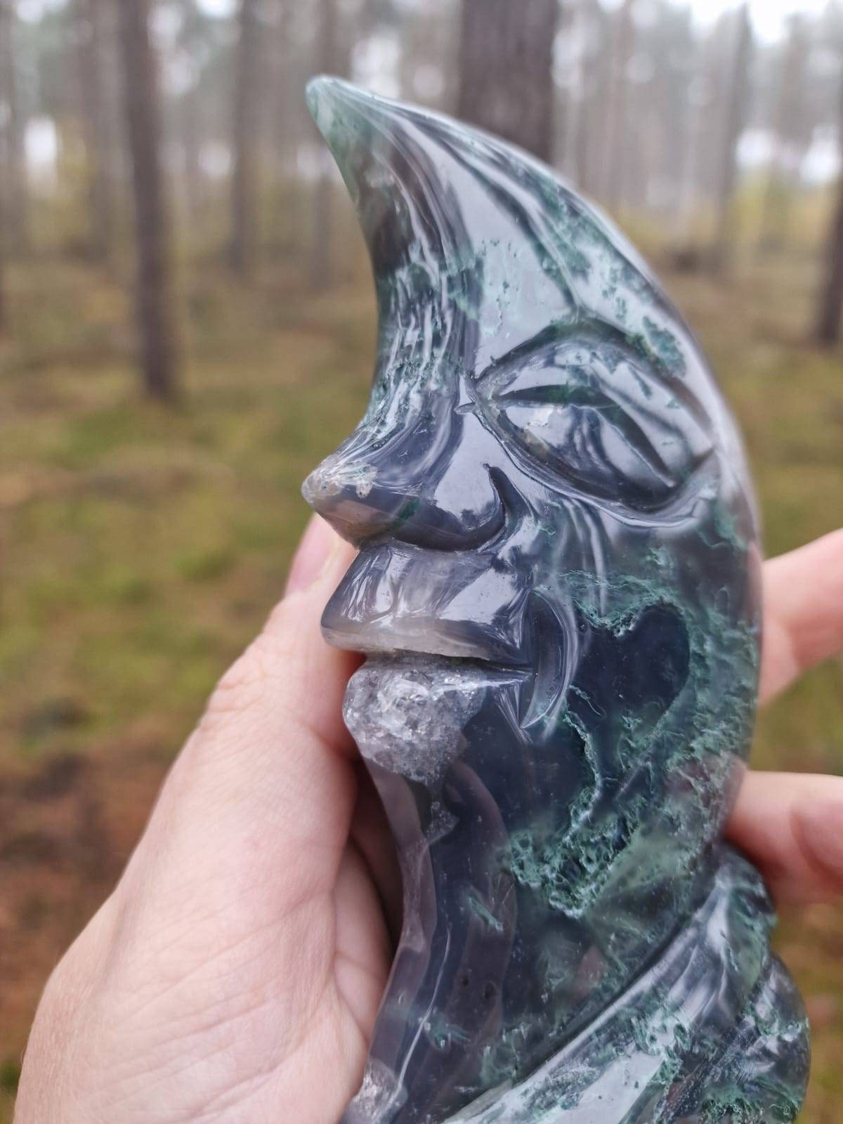 Beautiful dark blue moss agate standing half moon carving