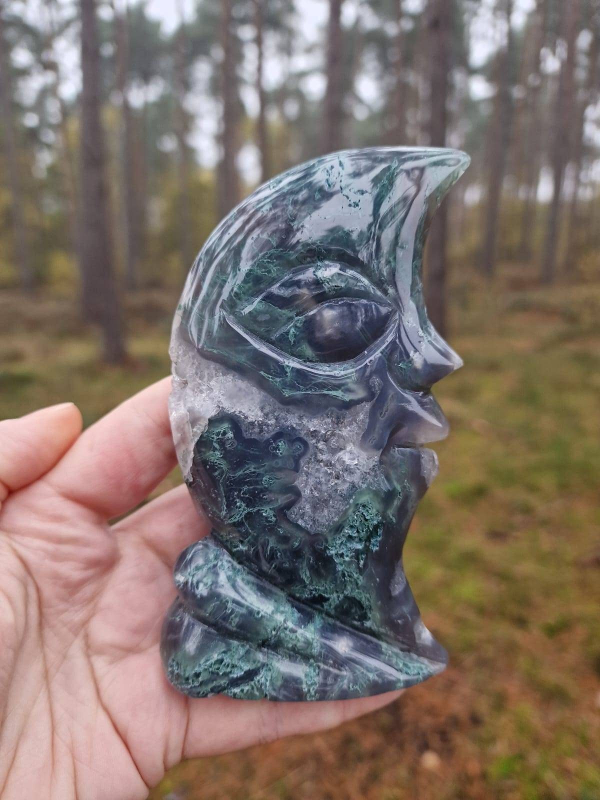 Beautiful dark blue moss agate standing half moon carving