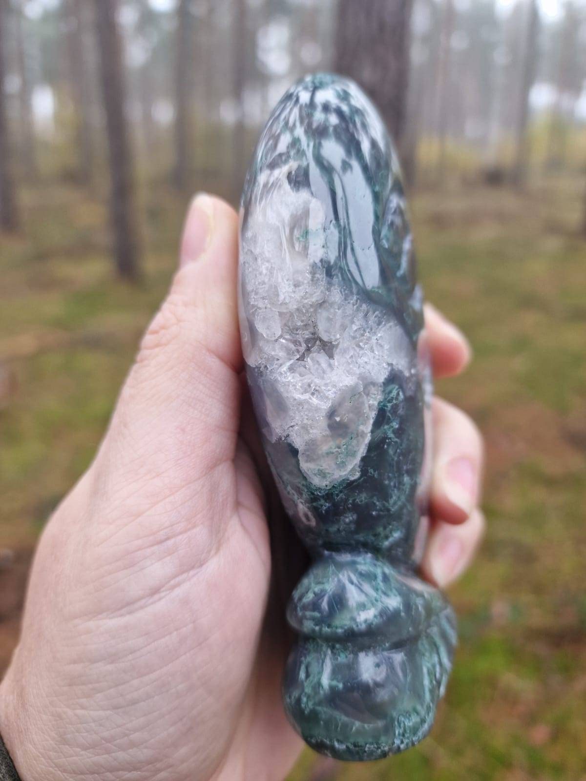 Beautiful dark blue moss agate standing half moon carving