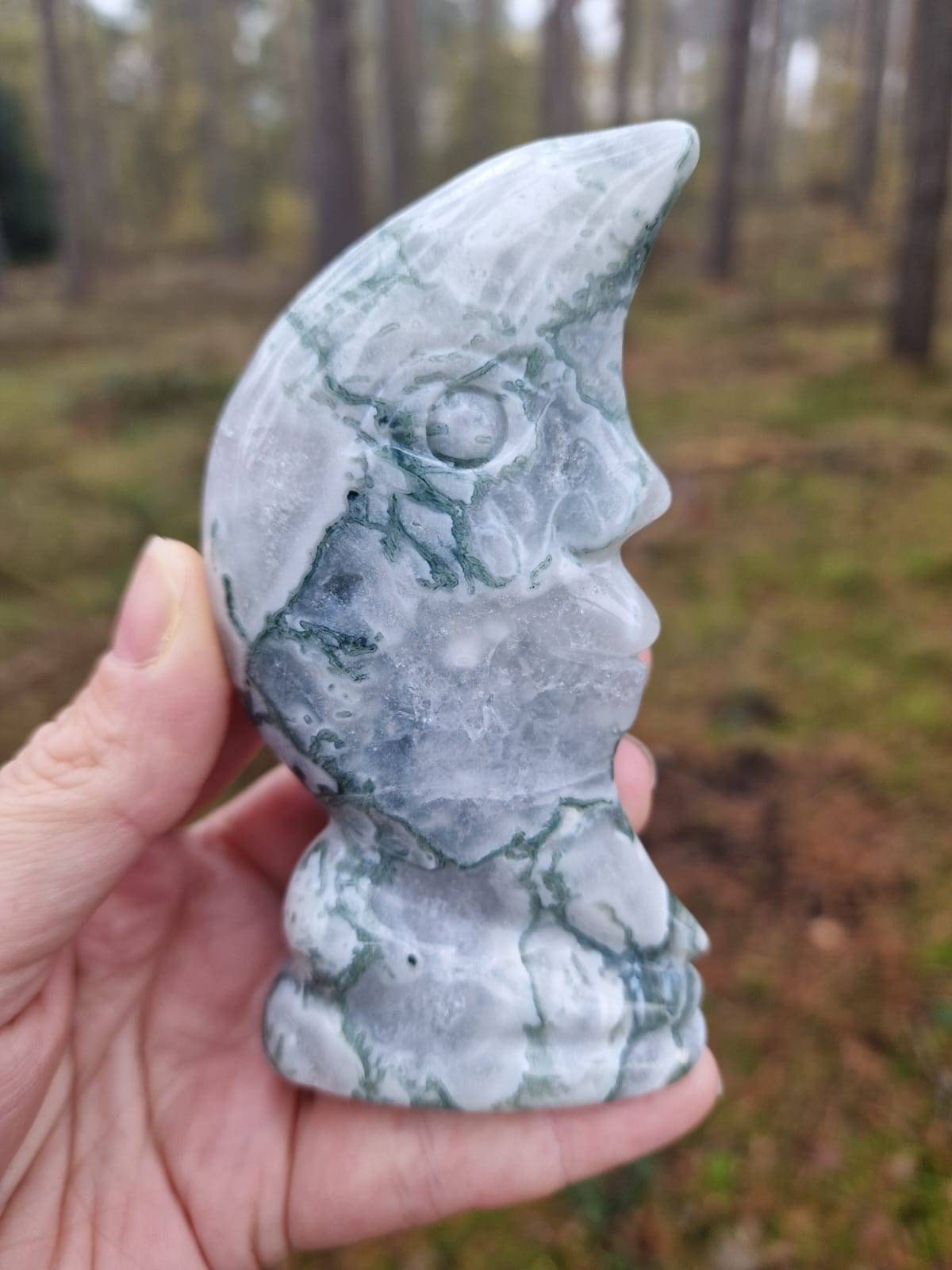 Beautiful moss agate half moon carving with druzy 205g 22cm