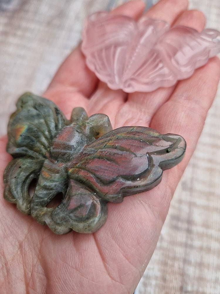 Premium quality crystal butterfly carving Rose quartz, Labradorite butterfly.