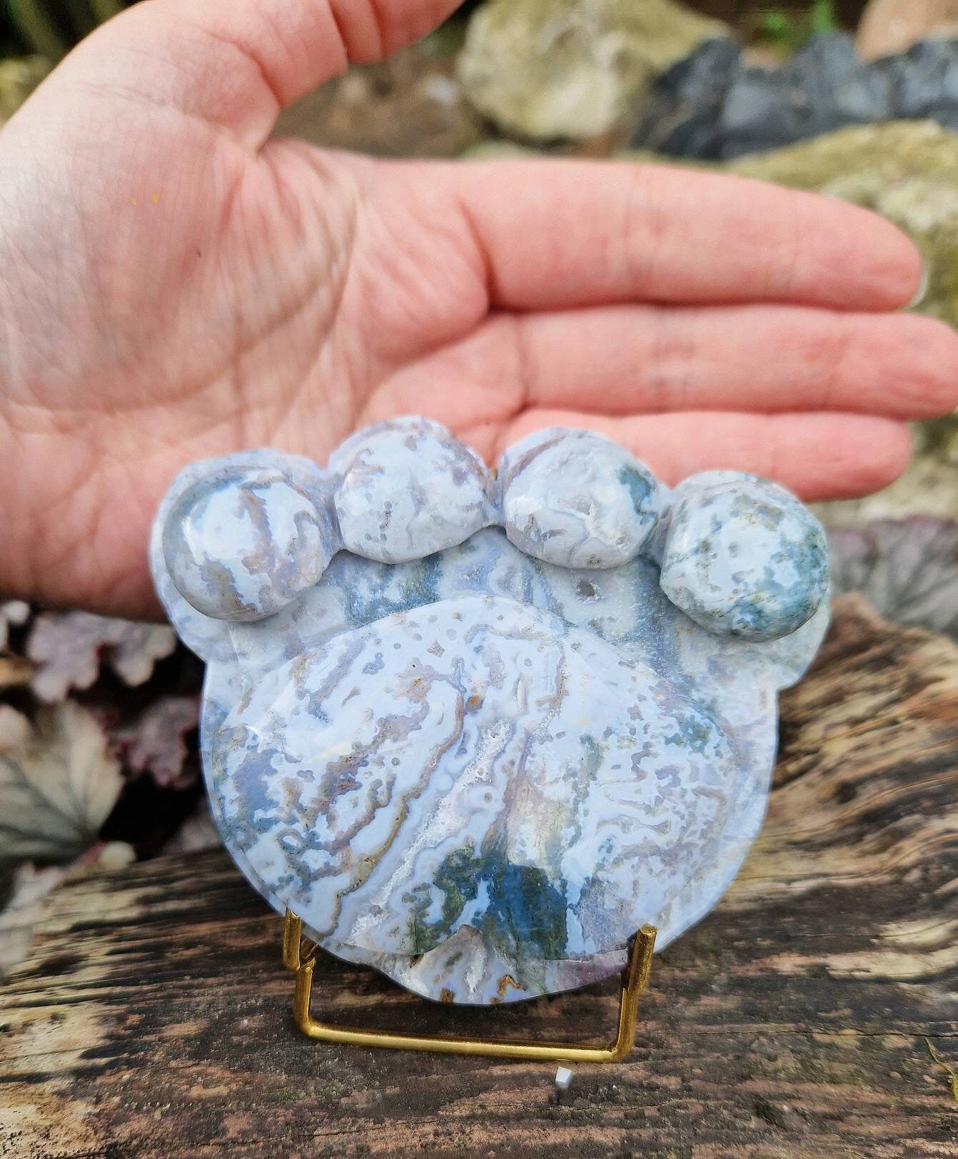 Beautiful statement moss agate paw print carving 350g
