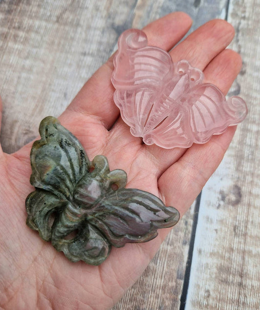 Premium quality crystal butterfly carving Rose quartz, Labradorite butterfly.