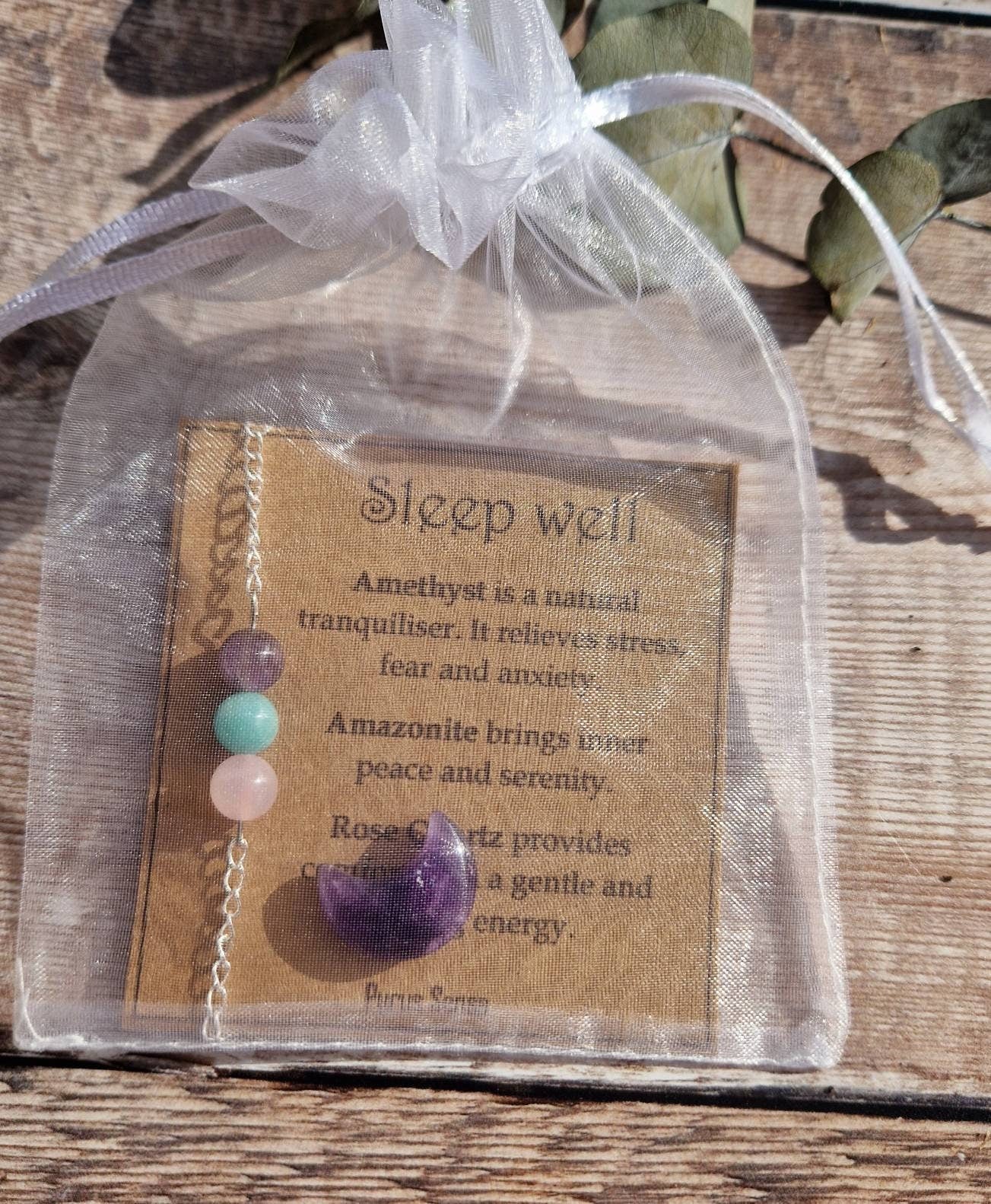 SLEEP-WELL cord, silver or rose gold chain crystal bracelet and amethyst moon crystal set