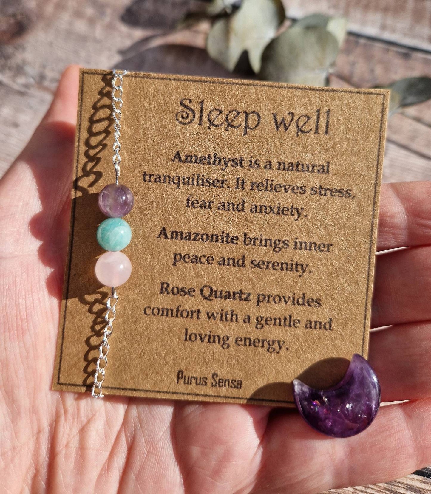 SLEEP-WELL cord, silver or rose gold chain crystal bracelet and amethyst moon crystal set