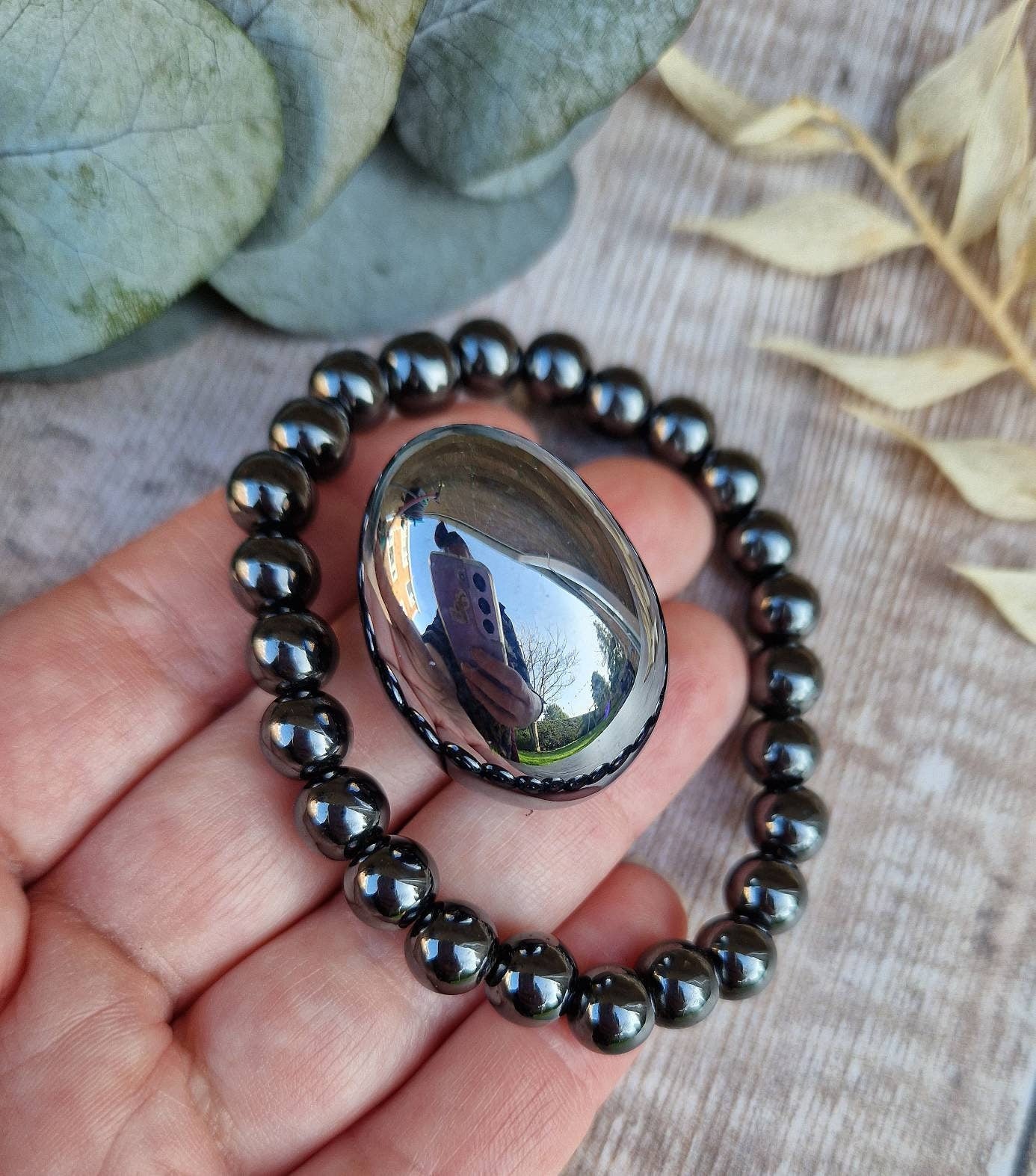 Genuine 8mm hematite bracelet and tumble stone set.