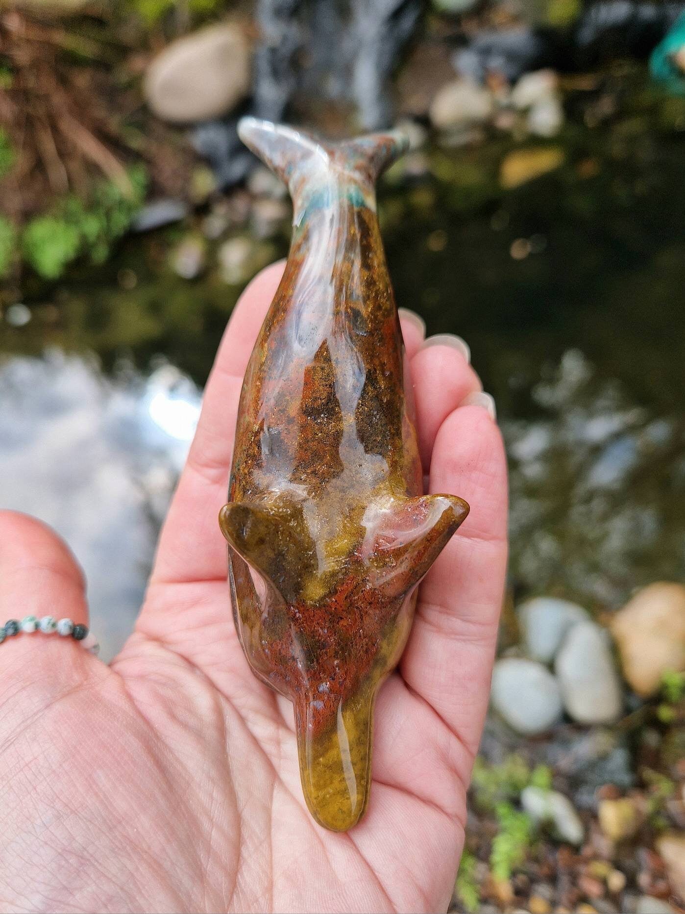 Beautiful large ocean jasper dolphin crystal carving