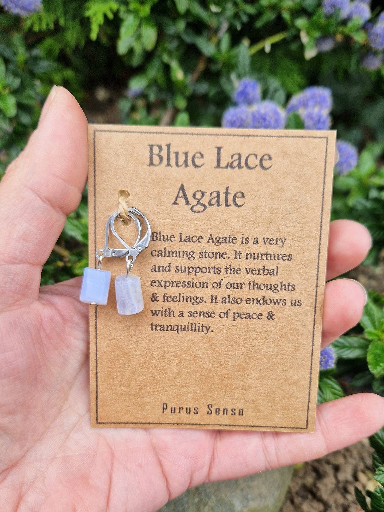 Beautiful blue lace agate huggie hoops earrings