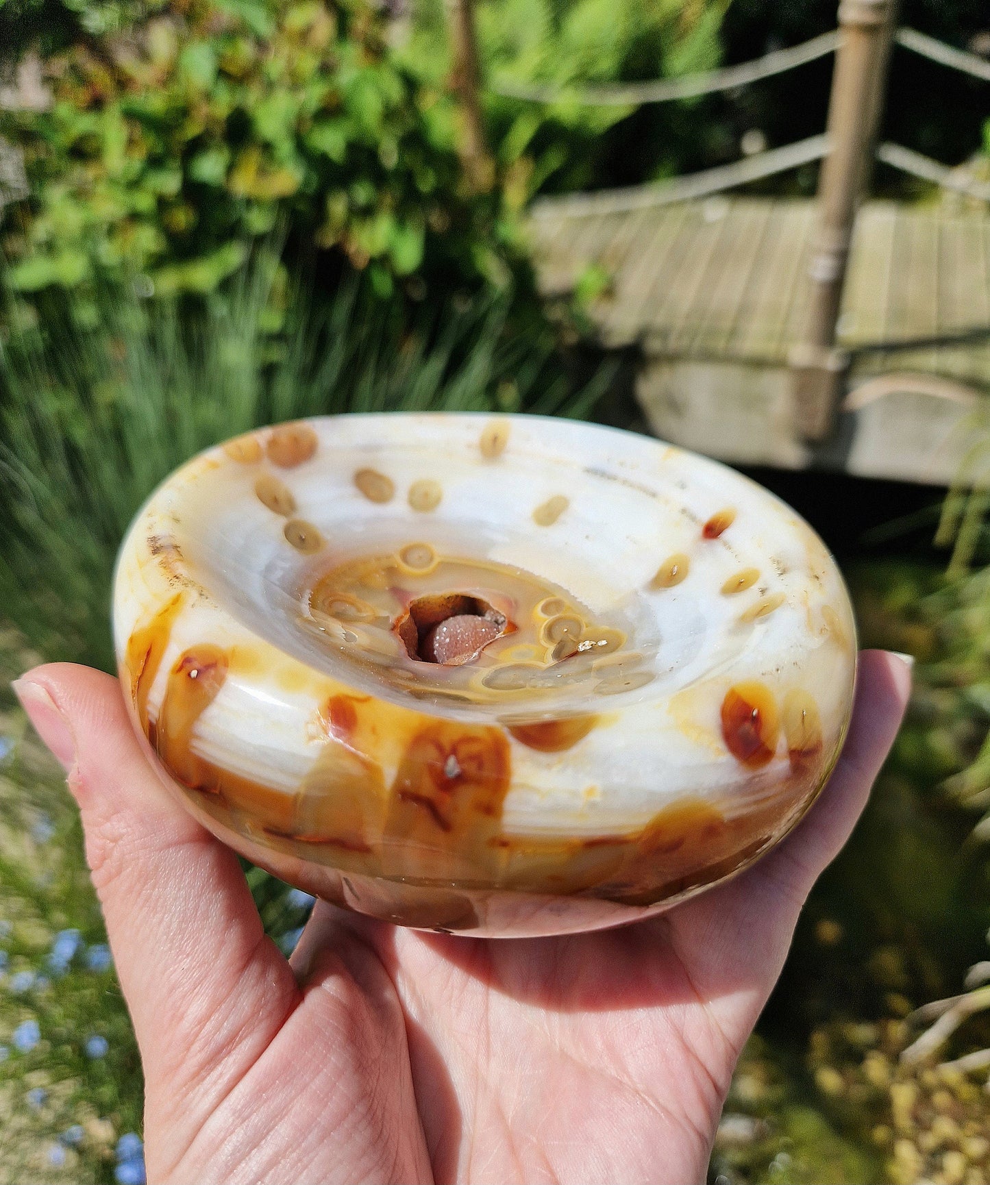 Beautiful rare statement carnelian bowl with a druzy pocket in the middle 530g