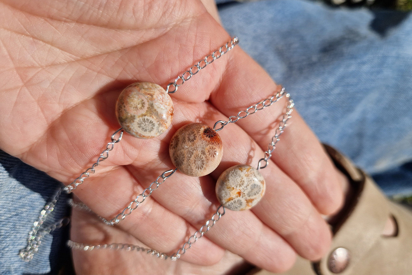 Beautiful fossilised coral jasper silver chain anklet.