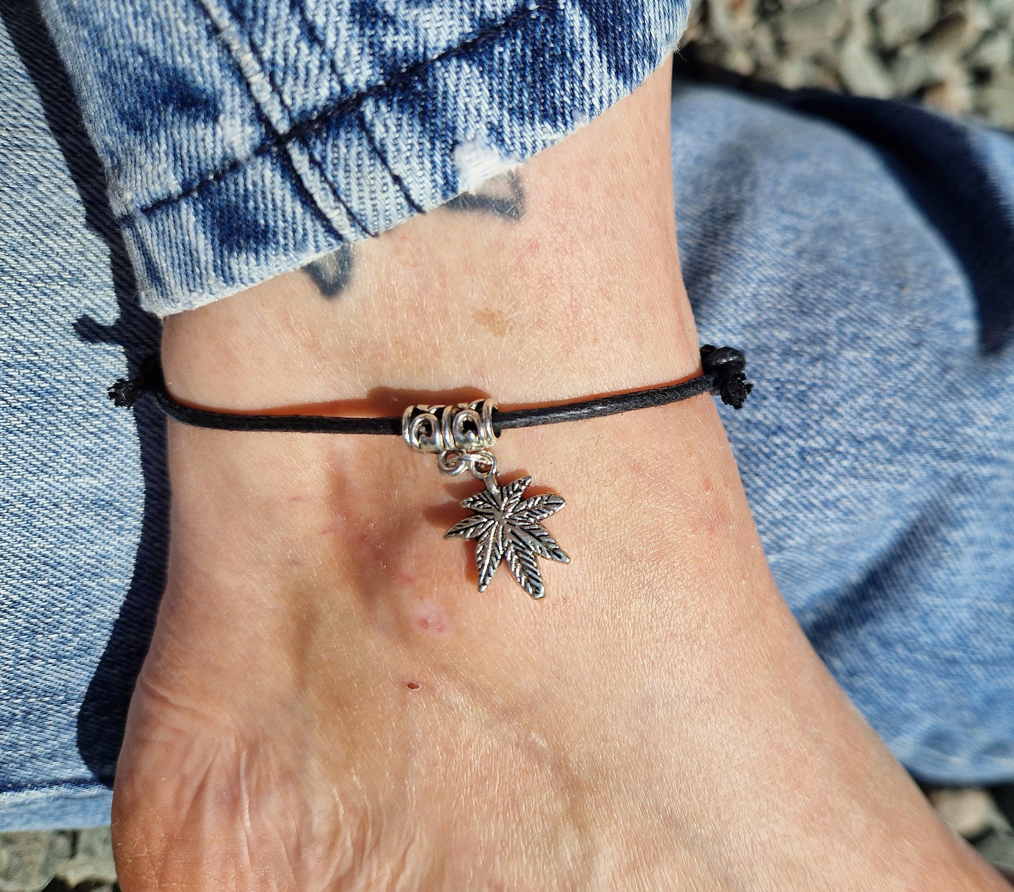 Hemp weed leaf cord anklet