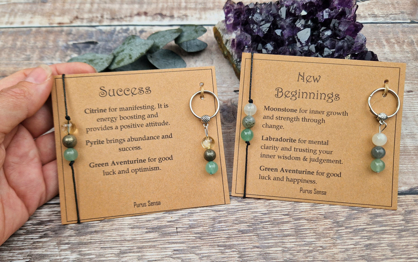 COURAGE 3 bead Cord, Silver or Rose gold chain crystal bracelet and keyring set