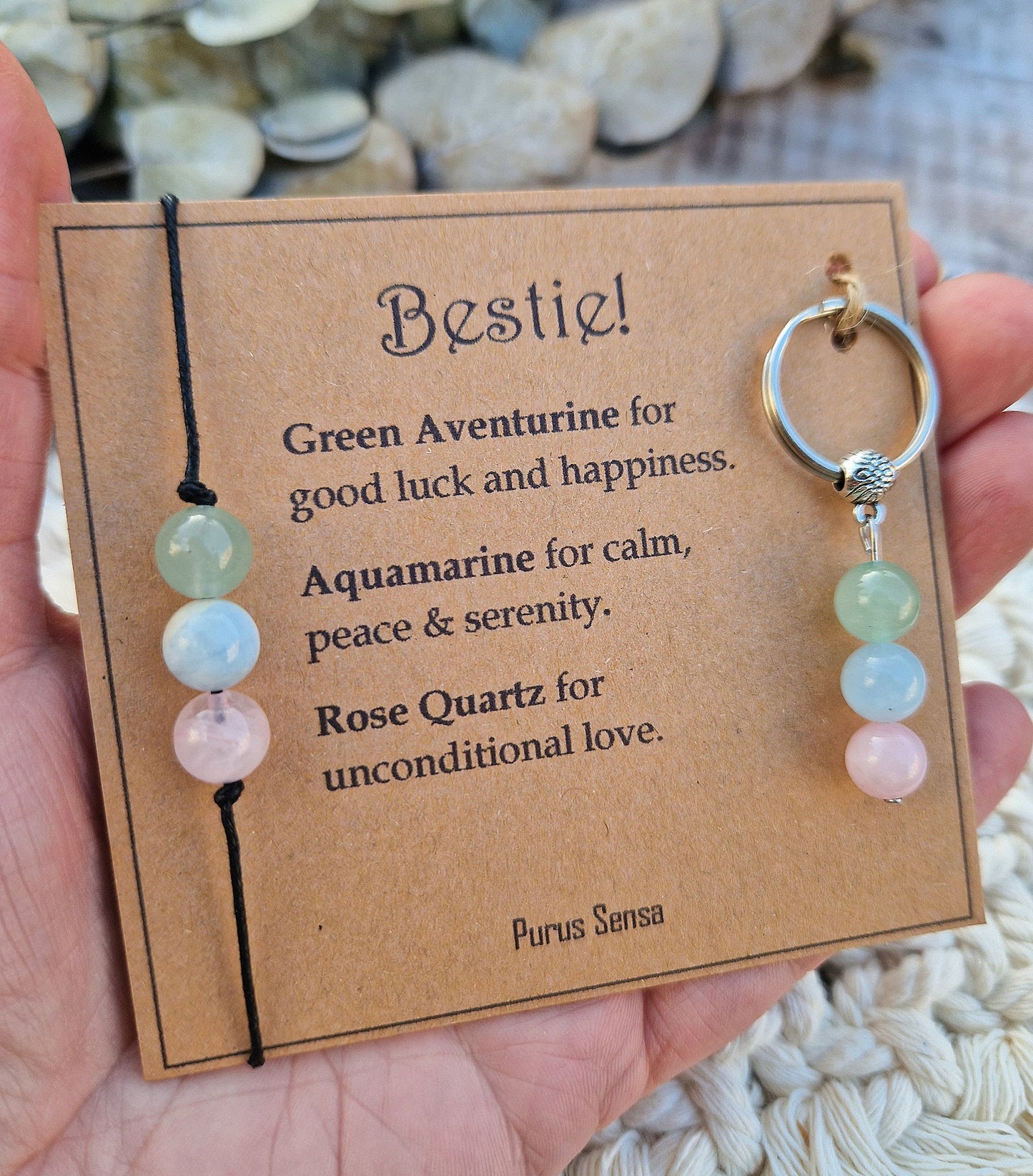 BESTIE 3 bead crystal cord bracelet / anklet and keyring gift set