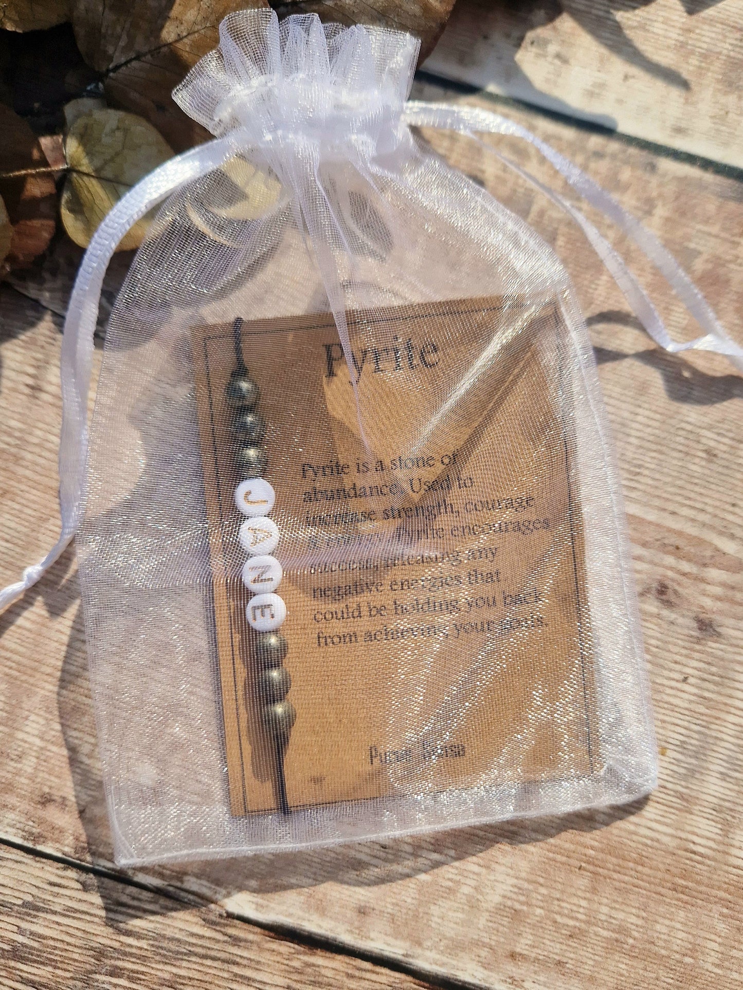 Personalised 6mm PYRITE Bracelet on descriptive card