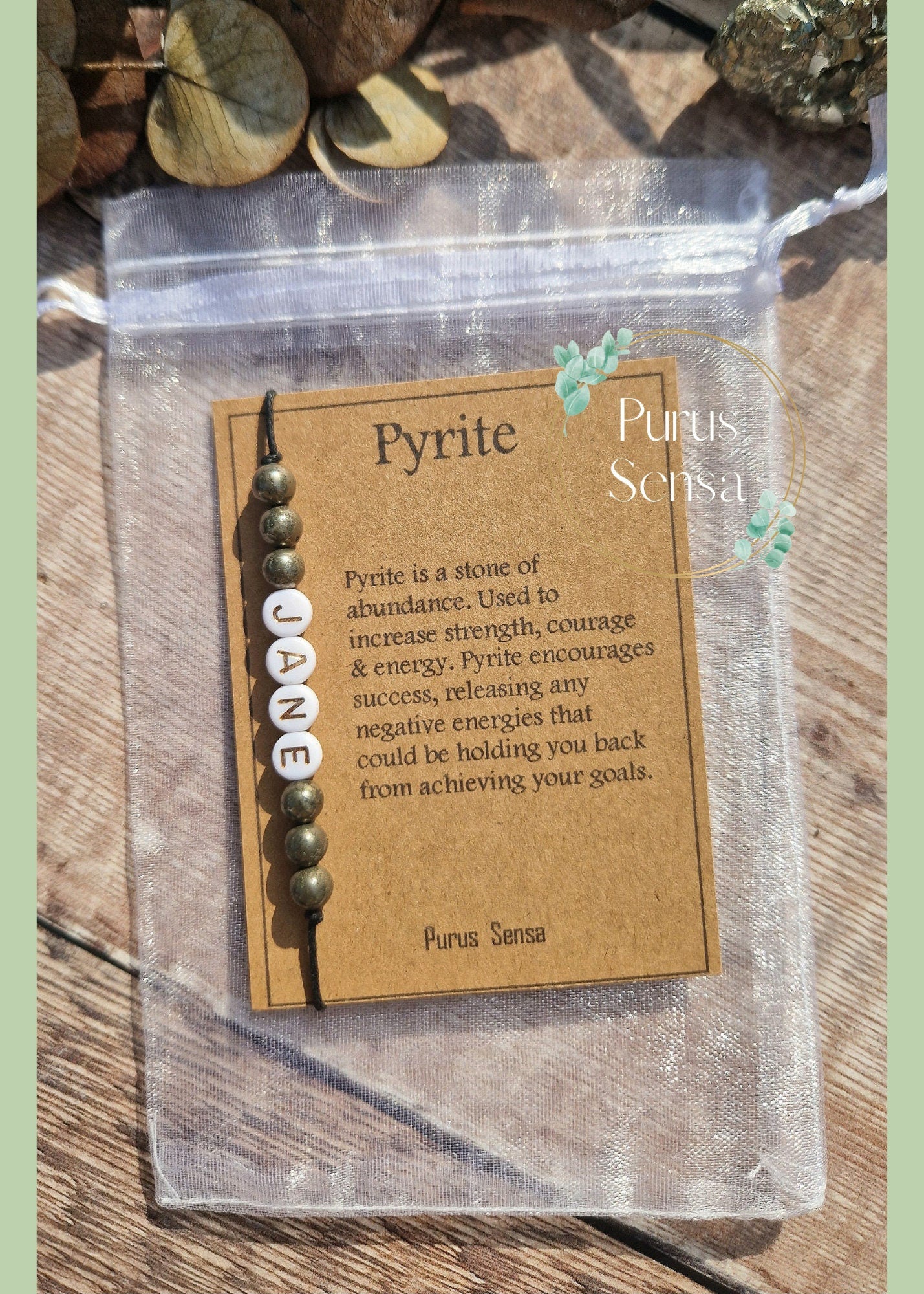 Personalised 6mm PYRITE Bracelet on descriptive card