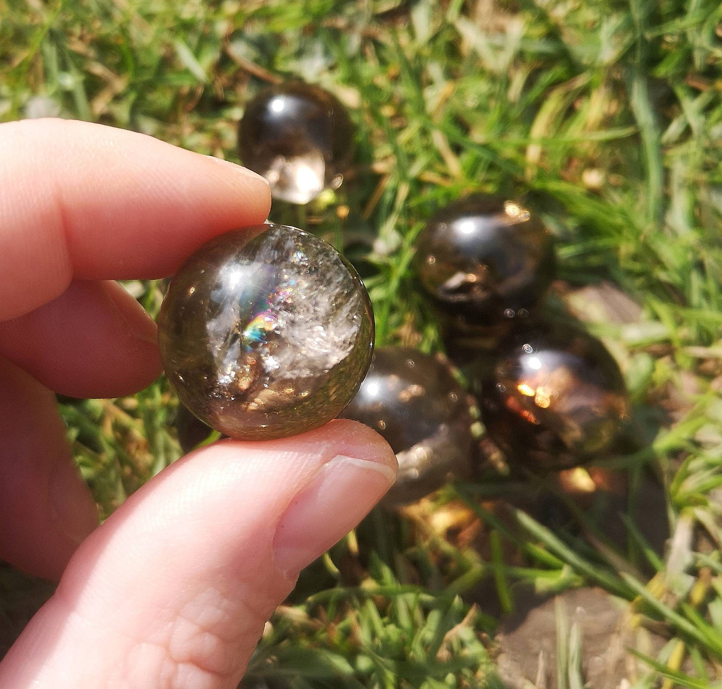 Premium Quality Smokey Quartz mini sphere with rainbow