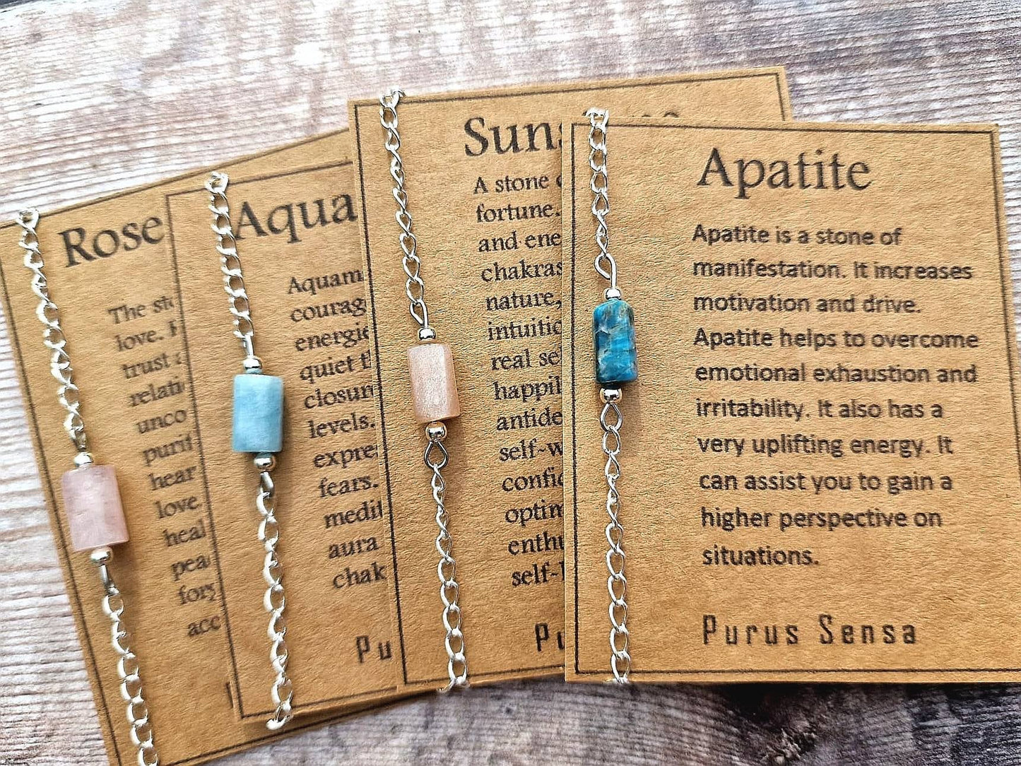 Apatite, Sunstone, rose quartz, aquamarine crystal bracelet with Rose gold or silver chain on Descriptive Card.