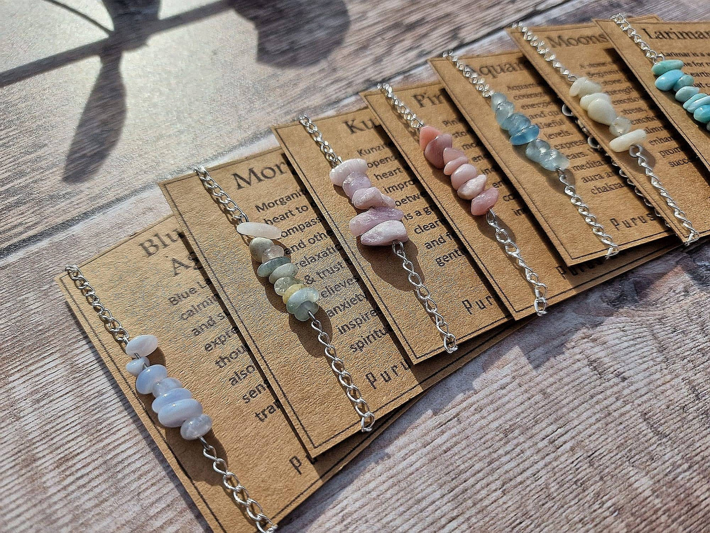 Larimar, aquamarine, morganite, blue lace agate, pink opal, Moonstone or kunzite healing chip gemstone crystal chain bracelet.